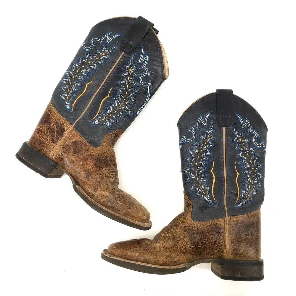 Old West Youth 3.5 D Blue Brown Square Toe Western Boots Cowboy Six-Row Stitch